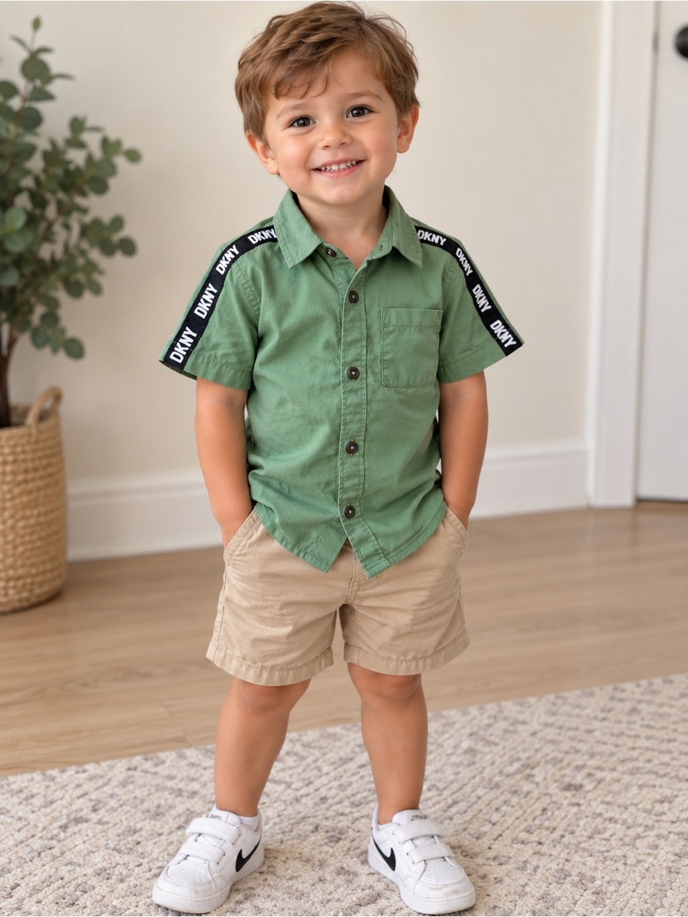 DKNY Green Short-Sleeve Button Shirt with Logo Shoulder Trim